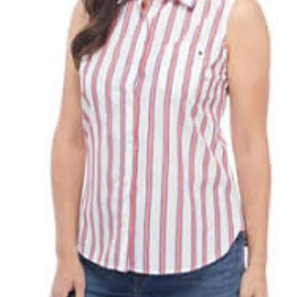 Tommy Hilfiger‎ Women's Sleeveless Orange & White Stripe Button Up Shirt Size XS - Picture 1 of 4